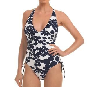 Trina Turk Bali Blossom Midnight Shirred High Cut One Piece Swimsuit Navy Size 6